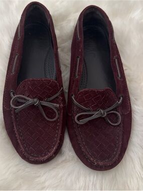 Bottega Veneta Burgundy Suede Woven Driving Loafers